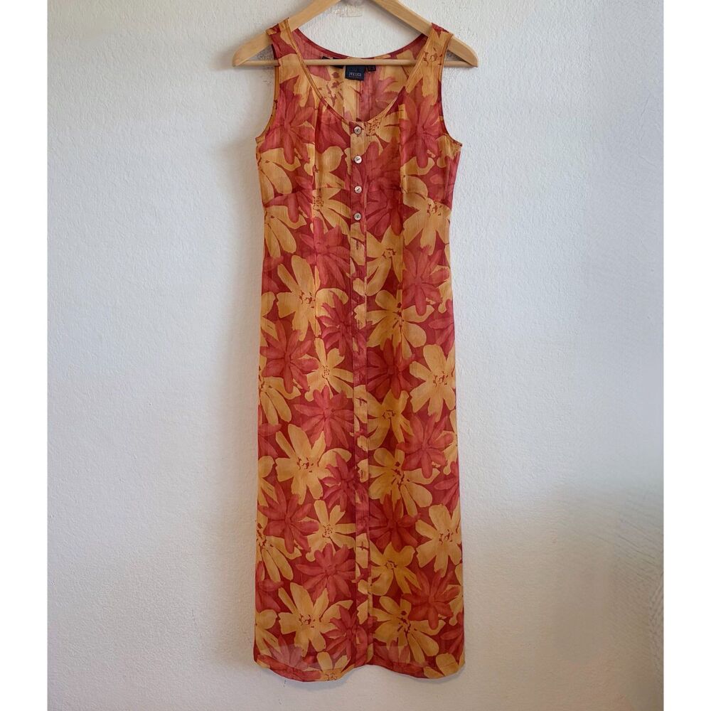 JESSICA By Christopher Vtg 90s Red Orange Floral Sleeveless Maxi Dress Womens 4